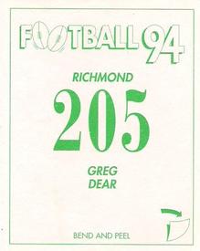 1994 Select AFL Stickers #205 Greg Dear Back